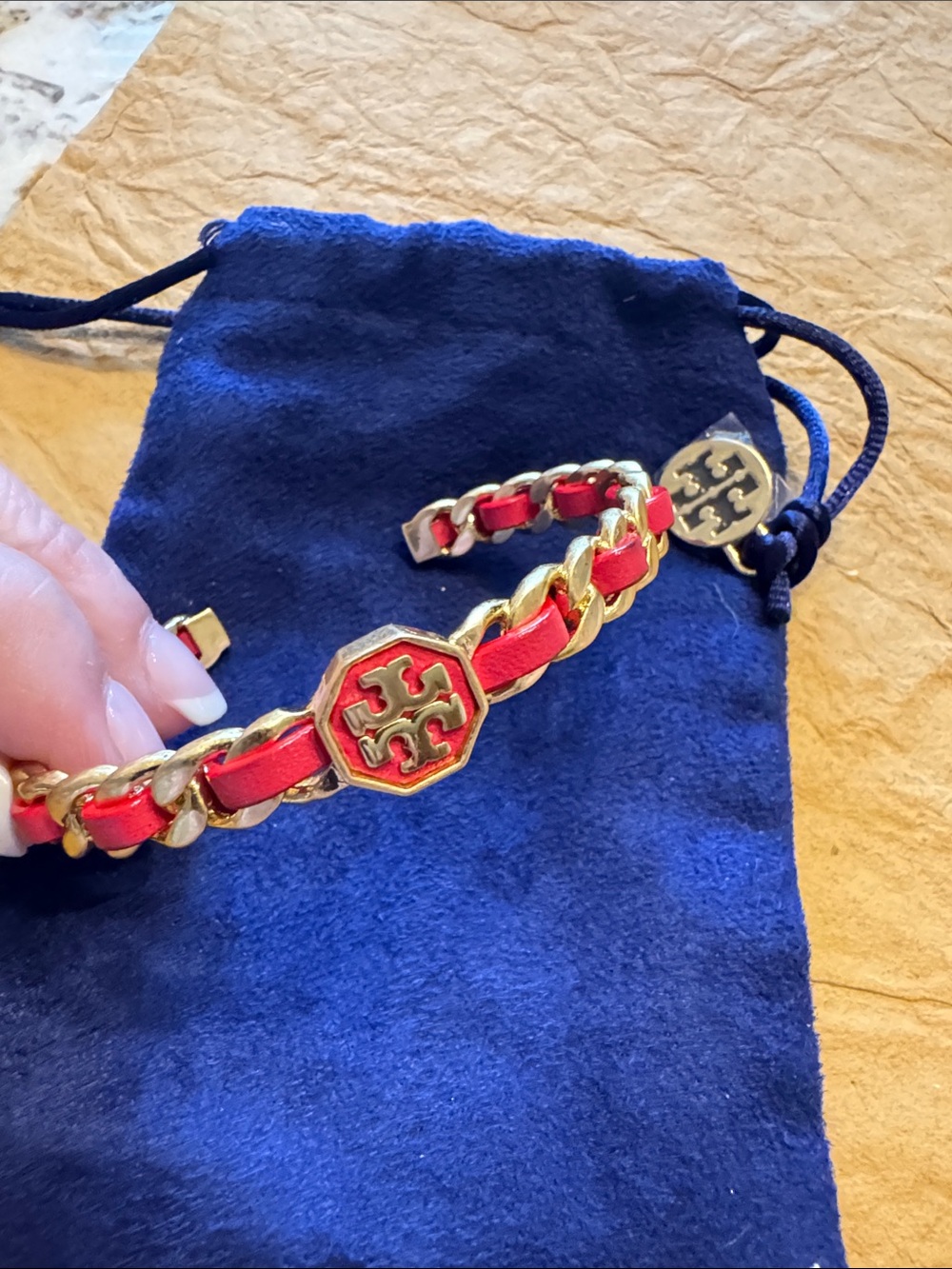 Tory Burch Gold-Tone Chain Bracelet Cuff with Red Leather Inlay